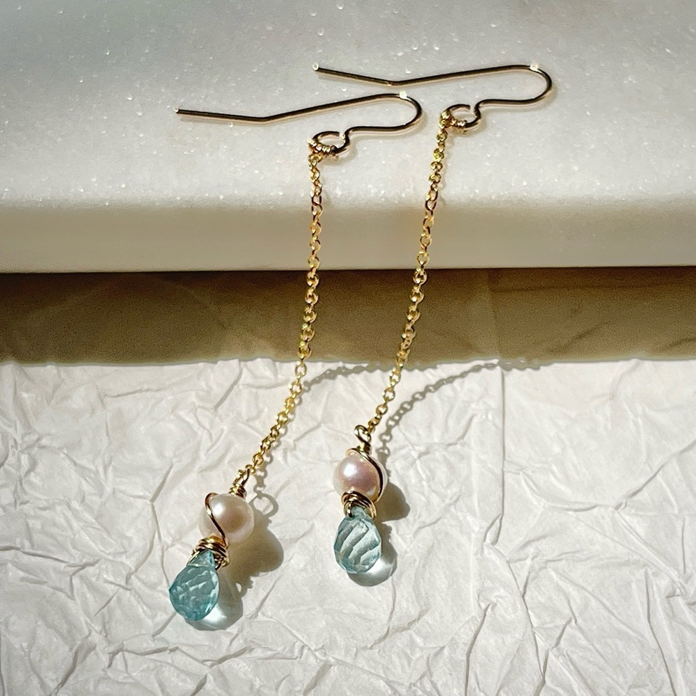 Gold Filled Freshwater Pearl and Aquamarine Drop Earrings